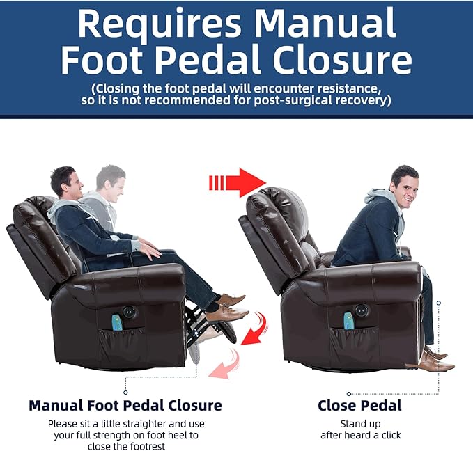 Swivel Rocker Recliner Chair with Heat and Vibration 360° Swivel Glider Rocker Manual Reclining Chair Massage Rocking Lounge Recliners with Side Pockets/USB Ports for Living Room Brown
