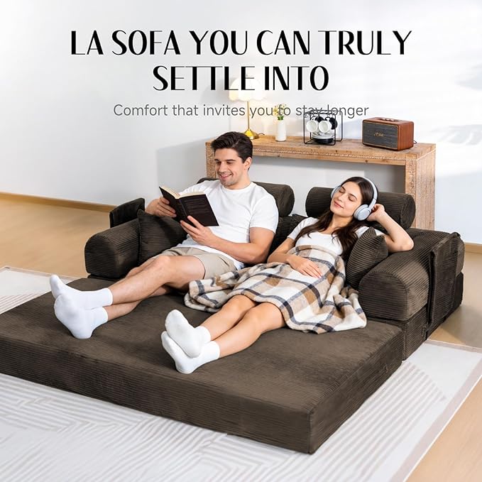 79 Corduroy Sofa Bed Sleeper Couch 6-in-1 Convertible Boneless Floor Futon Loveseat High-Density Foam Couch in a Box with 2 Headrest Pillows No Assembly Brown