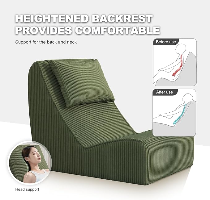Giant Bean Bag Chair for AdultsCorduroy Chaise Lounge with Unrivaled Back Support Detachable Neck Pillow Comfortable Ottoman &amp Washable Cover for Living Room Bedroom Garden (Olive Green)