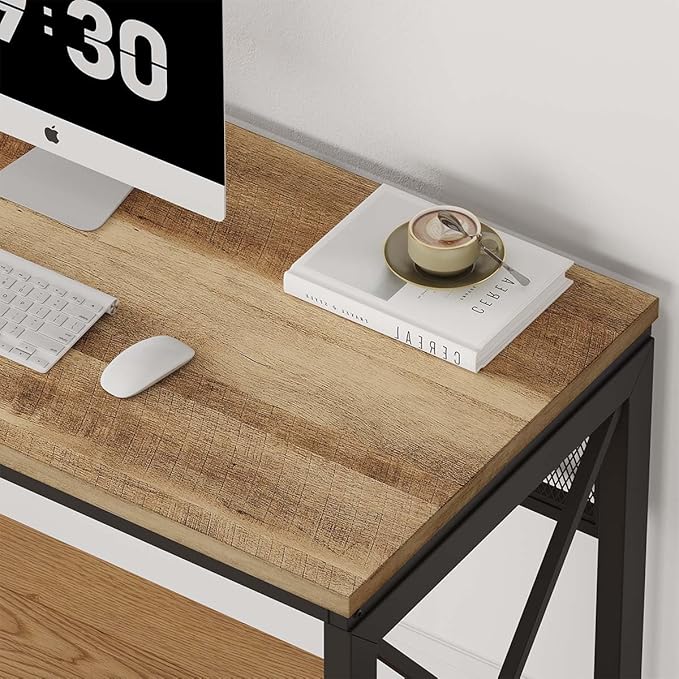 BON AUGURE Farmhouse Computer Desk Modern Industrial Home Office Desks Wood Metal Study Writing Table Sturdy Gaming Desk (Vintage Oak 54 Inch)