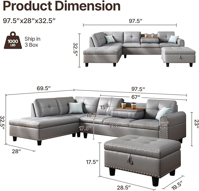 97.5 Oversized Sectional Couch L Shaped Couchwith Storage Ottoman Modern Modular Sofa withDeep Seat Sectional Couches for Living Room andOffice Faux Leather Sofa (Gray 97.5 inch &amp Ottoman)