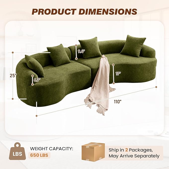 110 Curved Sectional Sofa for Living Room Modern Oversized Plush Chenille Cloud Round Deep Seat Compressed Boneless Couch with 4 Throw Pillows for Apartment No Assembly Needed Green