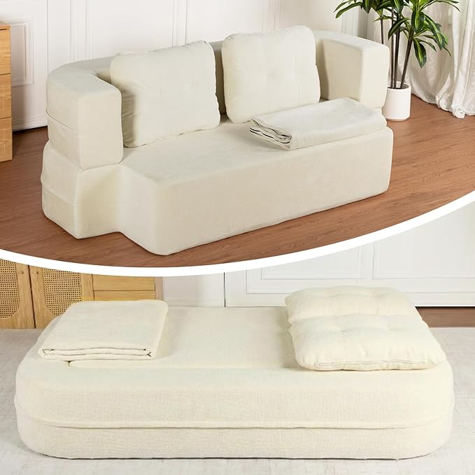 Folding Sofa Bed 78.7 Extra-Long Convertible Sofa Bed with 2 Pillows &amp Blanket 14.6 Thick High-Density Foam Boneless Couch for Bedroom Living Room Apartment Beige