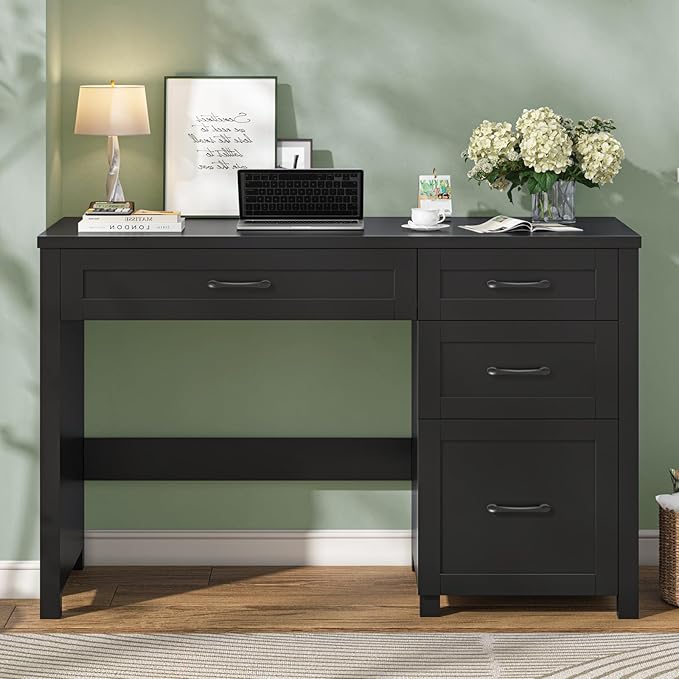 Vabches Farmhouse 47 Executive Desk with 4 Drawers Computer Desk with File Drawer Workstation for Home Office Study.（Pure Black）