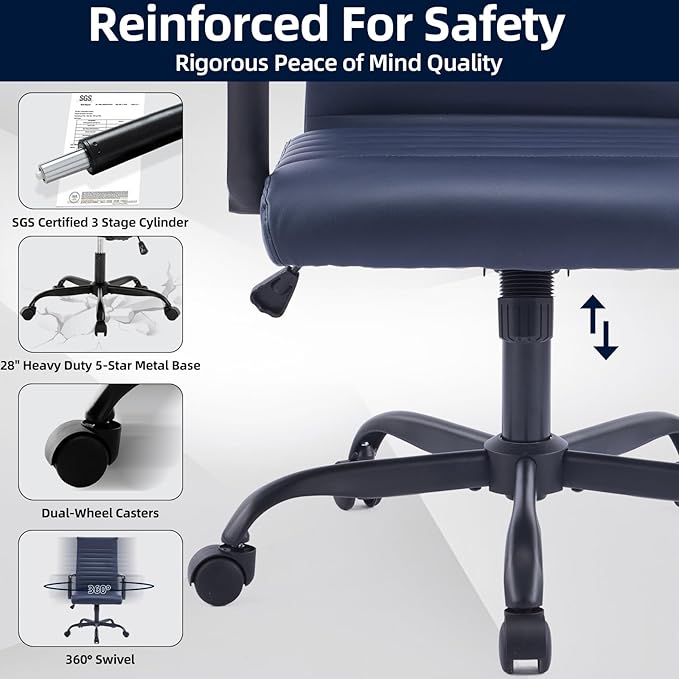 Office Chair Ergonomic Executive Conference Room Chairs Ribbed Leather Desk Chair with Lumbar Support Adjustable Height Mid-Back Swivel Chair with Padded Seat