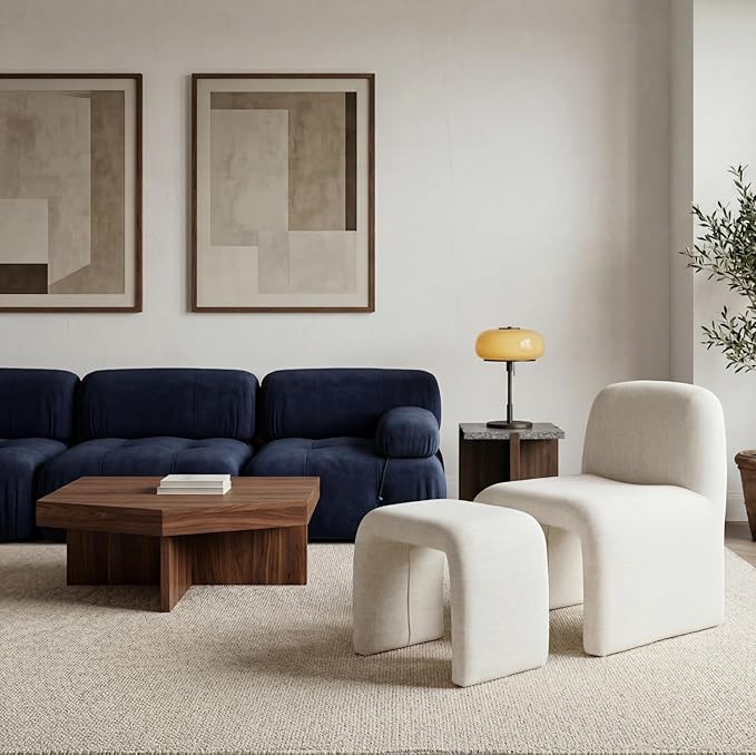 Modern Accent Living Room Chair with Ottoman Upholstered Mixed Linen Lounge Chair Comfy Side Reading Chair for Living Room Bedroom Apartment Office Beige