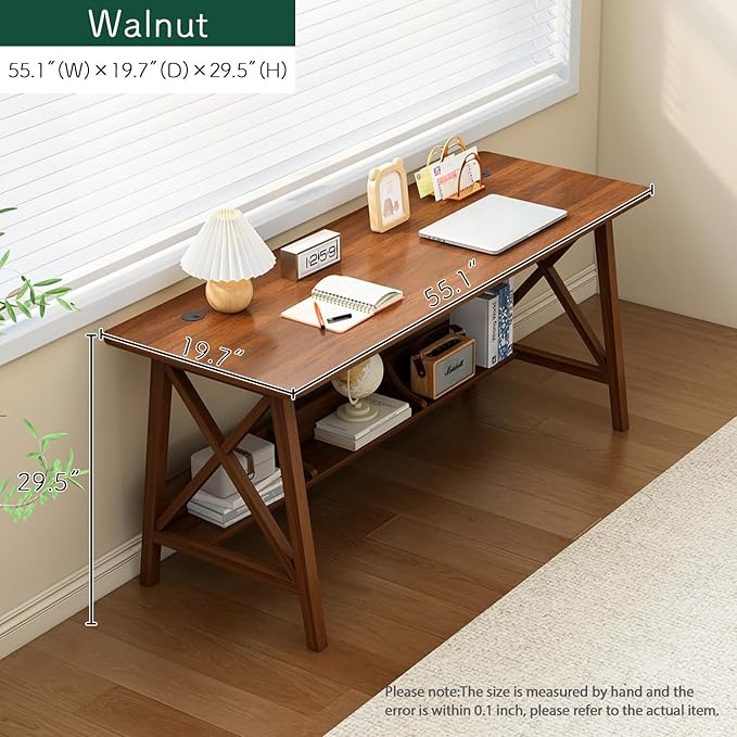 Extra Long Desk with Bookshelf - Wooden Home Office Work Study Table Writing Computer Workstation with Storage Shelf in Walnut 55 Wx20 Dx30 H