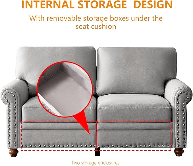 59.5 Loveseat Couch Sofa with Storage for Living Room Small Fabric Chesterfield Style Nailhead Trim Rolled Arms for Small Spaces Apartment Dorm Love Seat Grey