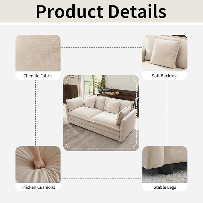 Modular Sectional Sofa 76.7 Comfy Chenille Cloud Couch Loveseat with Armrests and Pillow Modern Deep Seat Sofa Couch for Living Room Apartment (Khaki Loveseat)