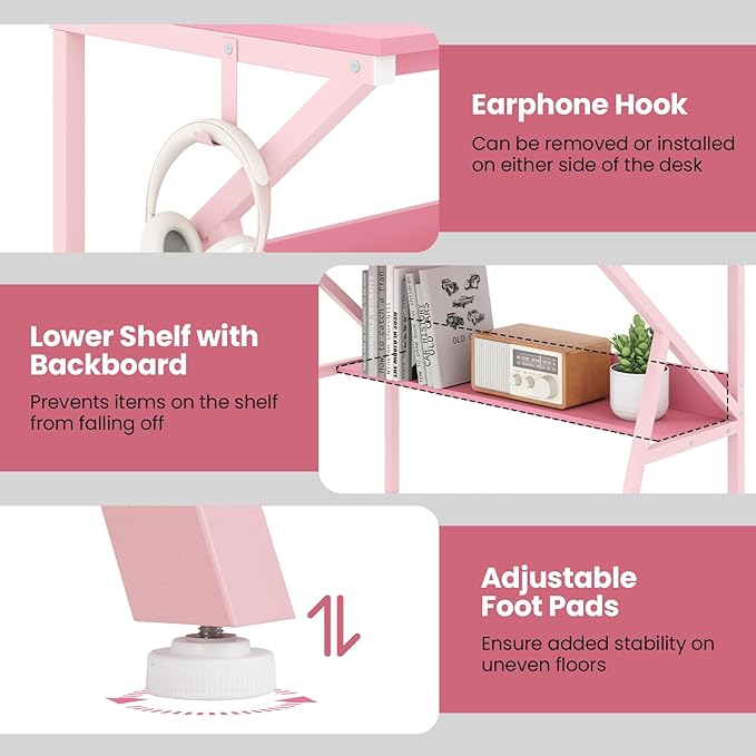 Giantex Small Desk with Storage Compact Computer Desk for Small Spaces with Monitor Stand Metal Frame &amp Earphone Hook Laptop PC Table Modern Writing Desk for Home Office Bedroom (Pink)