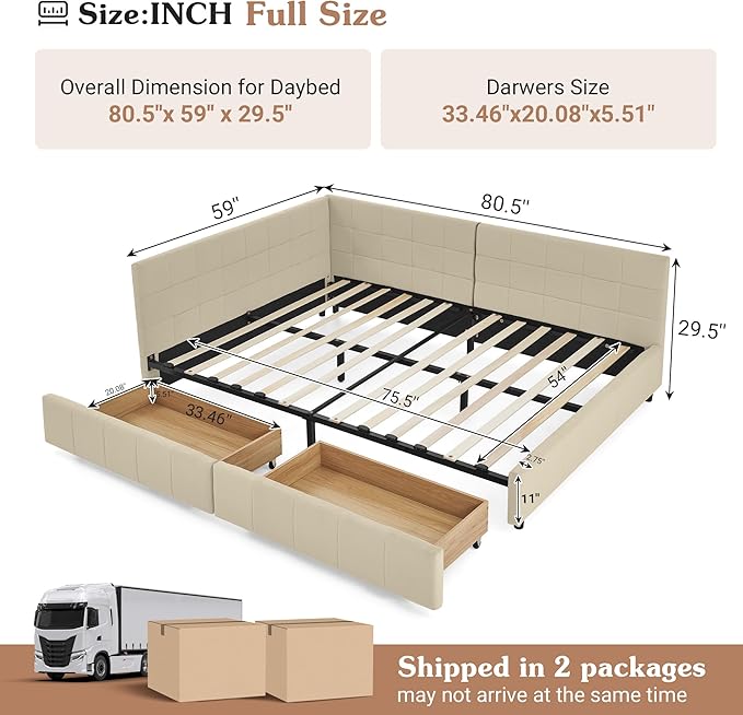 Full Corner Bed Frame with Storage Drawers Modern Velvet Upholstered Sofa Day Bed Frame with Wood Slats for Living Room Bedroom Guest Room No Box Spring Needed Beige
