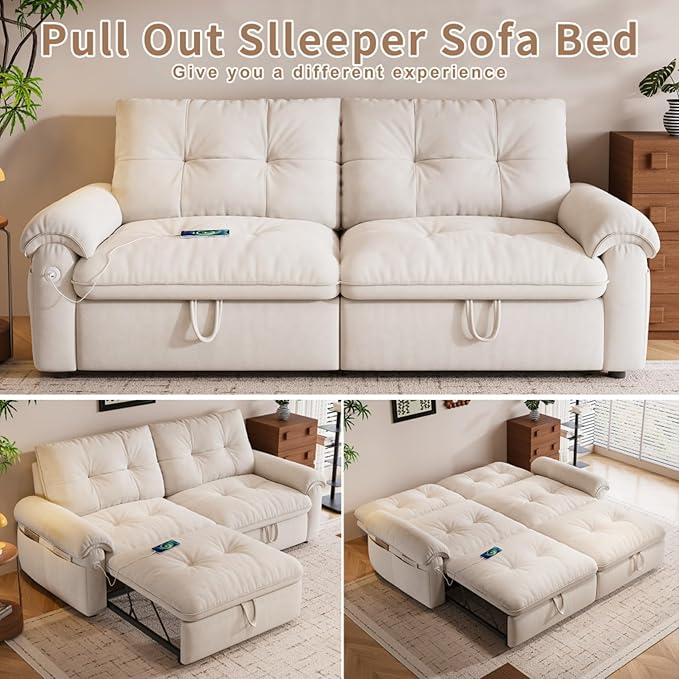77.2'' Multifunctional Loveseat Sleeper Sofa Couch with Pull-Out Bed 3-in-1 Modern Velvet Convertible Sofa Bed with USB and Side Pockets Easy Assembly Living Room Apartment Beige