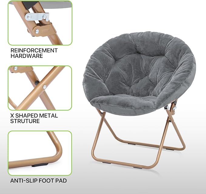Magshion Folding Saucer Chair for Adults with Ottoman Circle Reading Chair for Bedroom Living Room &amp Dorm Furry Comfy Accent Seat with Metal Leg &amp Thick Padded for Small Spaces (Grey 2 Pac