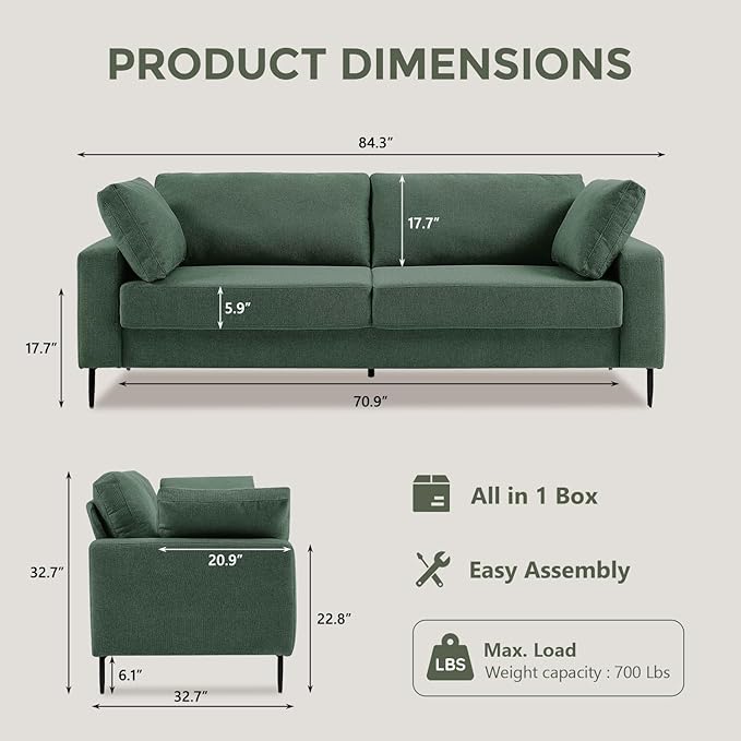84.3 Modern Loveseat Sofa Comfy Couches with Spring Cushion Solid with Wood Frame 2 Pillows Included Mid Century Modern Design Home Sofa for Living Room Light Green