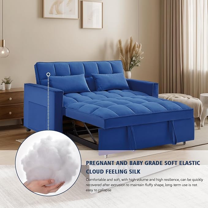 3 in 1 Convertible Sleeper Sofa Futon BedModern Velvet Pull Out Couch Bed with Reclining Backrest&amp2 Pillows54 Full Size Small Love Seat Lounge Couches for Small SpacesLiving Room (Dark Blue)