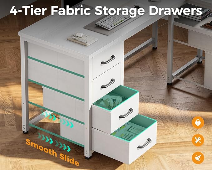 Coleshome L Shaped Computer Desk with 6 Drawers &amp Power Outlet 55 Inch Corner Desk with Reversible Storage Shelf &amp File Drawer Home Office Desk White