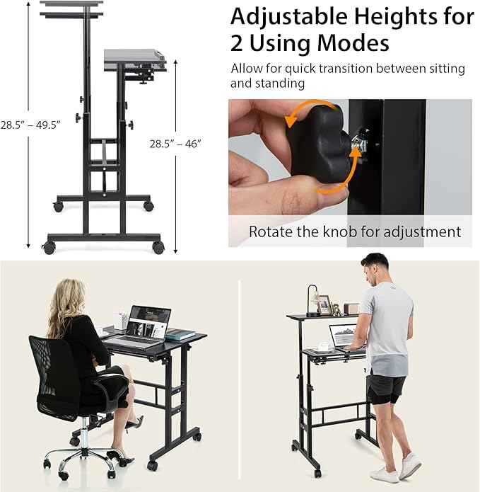 Tangkula Mobile Stand Up Desk Height Adjustable Home Office Desk with Standing &amp Seating 2 Modes Tilting Tabletop &amp Flexible Wheels Rolling Laptop Cart Sit Stand Desk (Black)