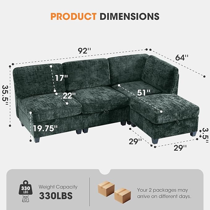4 Seat Modular Sectional Sofa with Storage Convertible Sectional Couch Modular Sofa with Chaise Living Room Furniture Sets L Shaped Couch with Ottoman Couches for Living Room Green Textured