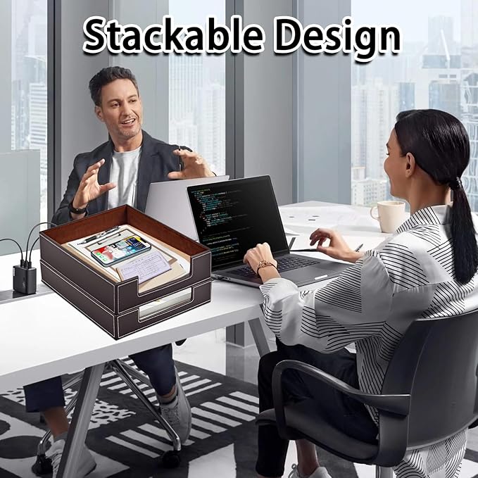 Leather Letter Tray Office Supplies Desk Organizer for Mail Paper Files Magazines Jewelry CosmeticsLuxury Letter Holder&ampMultipurpos Stackable Office Desktop Storage BoxCoffee