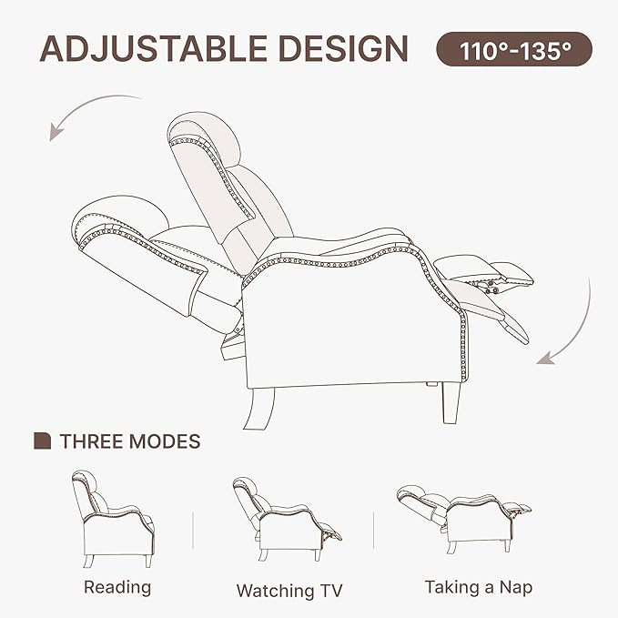 Leather Pushback Recliner Faux Armchair with Rivet Decoration Single Sofa Accent Chair for Living Room Bedroom