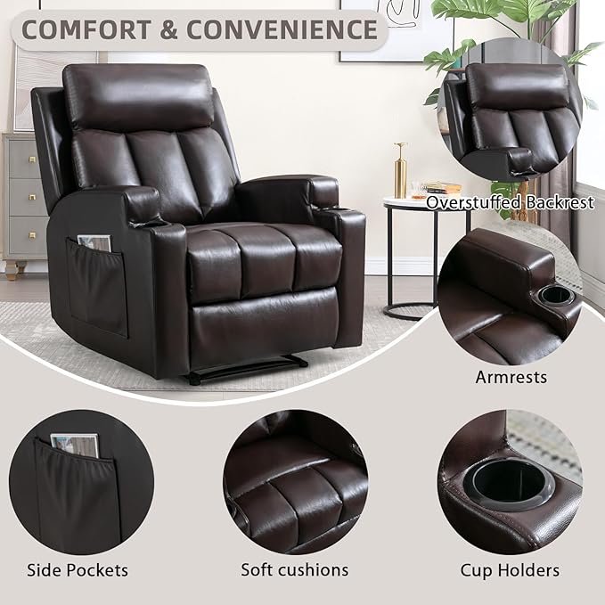 3PCS Faux Leather Manual Recliner Chair for Adults Comfy Reclining Chairs with Overstuffed Arm and Back Single Sofa for Living Room (3 Brown)