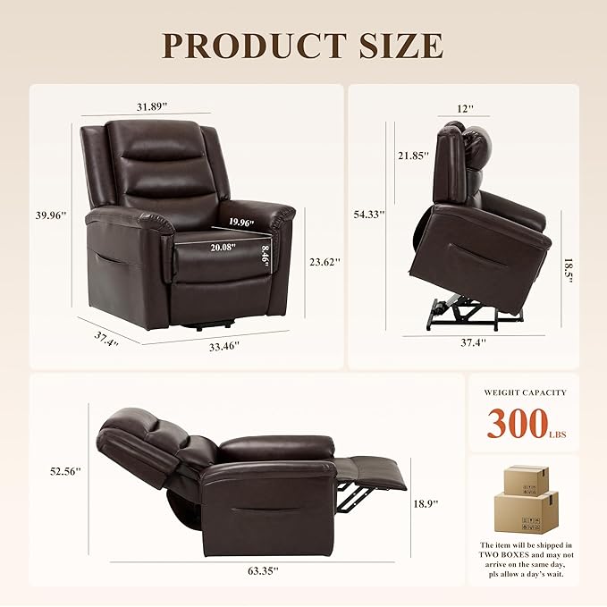 COLAMY PU Leather Power Lift Chair with Massage and HeatElectric Lift Recliner Chair with Thick Cushioned Padding Backrest for Living Room Office Bedroom （Darkbrown）