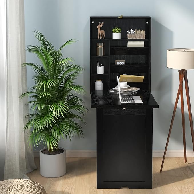 GOFLAME Wall Mounted Folding Desk with 3-Tier Tilt Storage Partition and Adjustable Shelves Space-Saving Convertible Writing Desk for Home Office Black