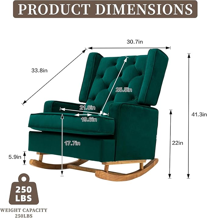 QQU Rocking Chair with Arms Leisure Chair IndoorComfy High Back Chair with Solid Wood Base Side Pocket for Living RoomBedroomOffice(A-Emerald)