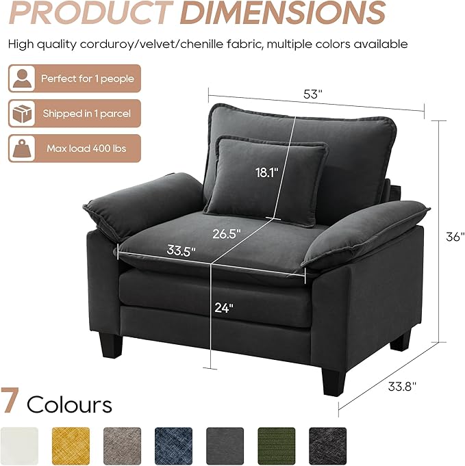 IPKIG Chenille Oversized Accent Chair - 53 W Cozy Upholstered Single Reading Armchair Modular Cloud Sofa for Living Room Bedroom Kids Room Family Room Reading Nook (Grey Chair Only)