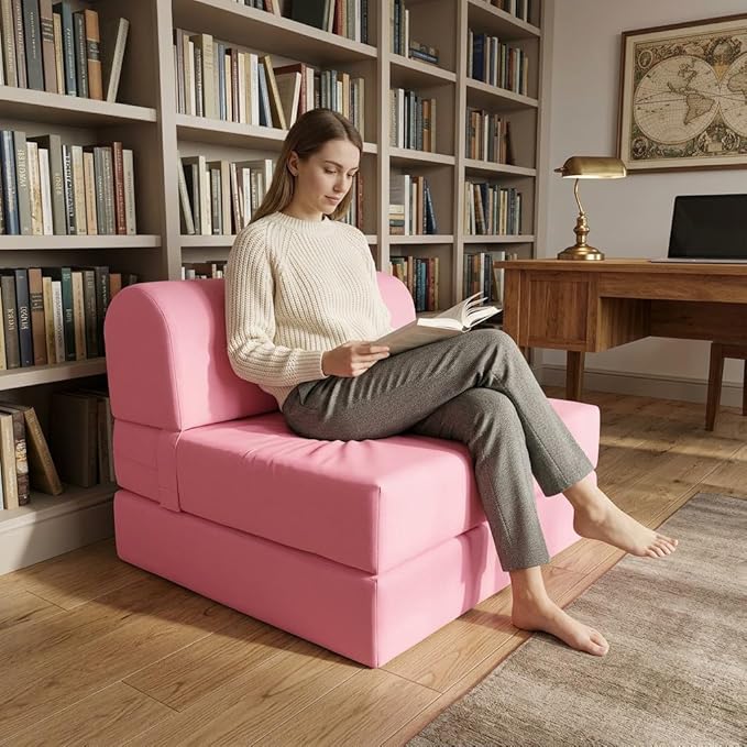 D&ampD Futon Furniture Sleeper Chair Folding Foam Bed Portable Studio Guest Sofa Beds 6 x 32 x 70 Pink