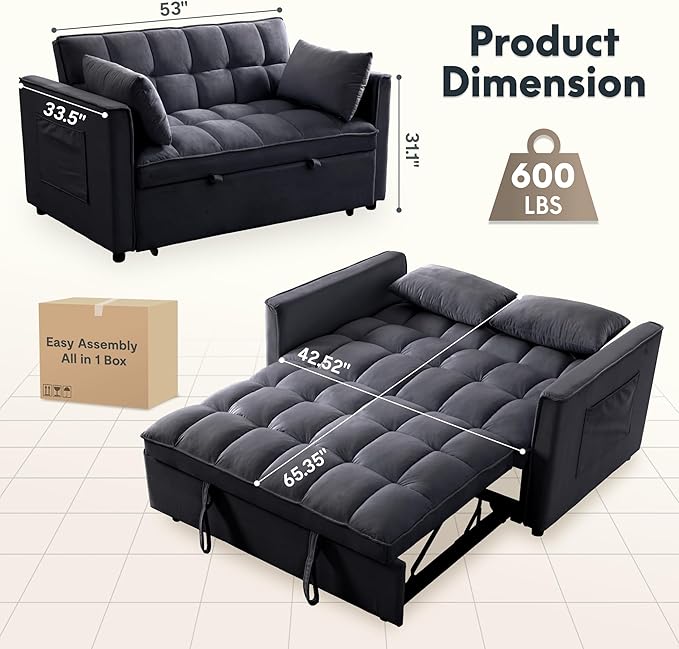 FLEXISPOT XCT4 Pull Out Couch 3-in-1 Sleeper Sofa Bed with Adjustable Backrest Loveseat Sleeper with Pillows &amp Side Pockets Convertible Futon Couch for Small Spaces Guest Room Apartment Black