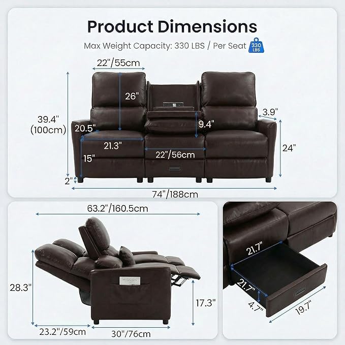 MANBUR 74 RV 3 Seater Recliner Sofa with Flip Backrest &amp Drawer Manual Reclining Couch with USB Ports AC Outlets &amp Cup Holders for RV Living Room Home Theater Seating PU Brown