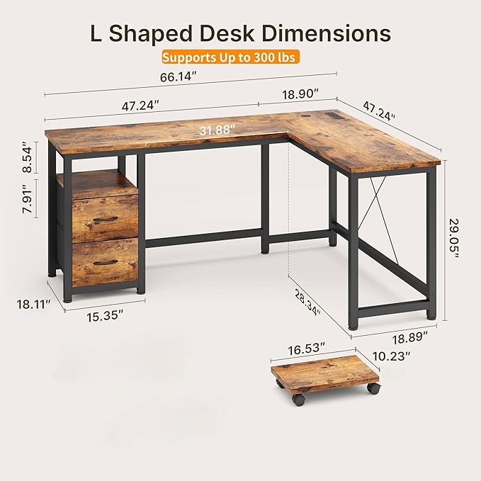 Gizoon 66 Inch L Shaped Desk with Drawers Reversible Corner Computer Desk with Power Outlets Home Office Desk with Moveable CPU Stand Large Gaming Desk Rustic Brown