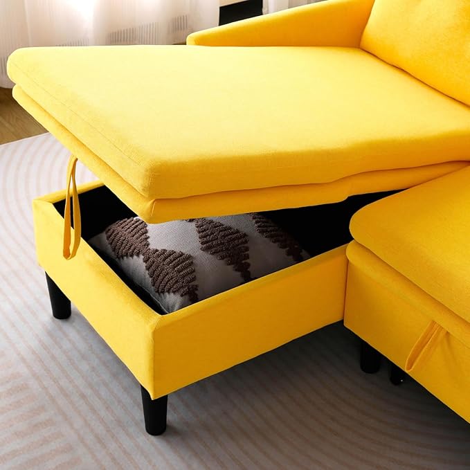 78 L-Shaped Sleeper Sofa Bed Couch 3-Seater Reversible Pull Out Couch Bed with Storage Chaise Lounge Cotton-Linen Pullout Sofabed Sectional Couches for Living Room Apartment Yellow