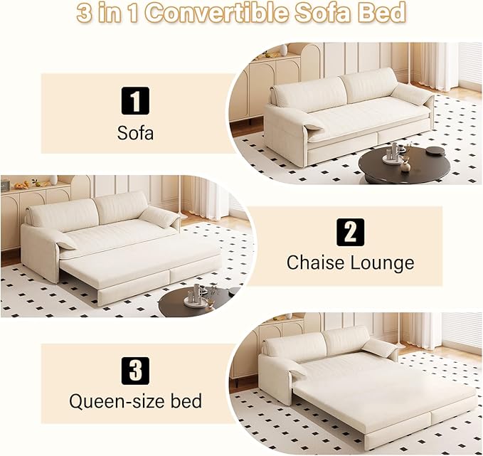 Newfun 66 Futon Sofa Bed 3 in 1 Convertible Sleeper Sofa with Side Storage Velvet Loveseat Bed Pull Out Sofa Bed for Living Room Small Space Bedroom Studio (Beige)