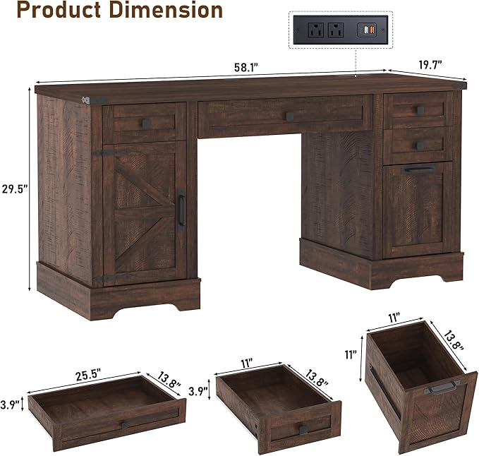 58'' Farmhouse Home Office Desk with Drawers Wooden Executive Desk with Charging Station File Drawers and Storage Cabinet Computer Desk for Work Study and Writing Brown