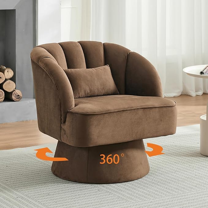 Mid Century Modern Swivel Barrel Chair - 360° Swivel Accent Chair with Plush Velvet Upholstery &amp Wide Cushioned Seat Round Lounge Sofa Chair for Living Room Bedroom Office (Brown 1 PCS)