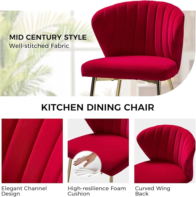 HULALA HOME Dining Chairs Set of 2 Velvet Upholstered Kitchen &amp Dining Room Chairs with Metal Legs Vanity Chair Armless Side Chairs for Living Room Bedroom Restaurant Channel Curved Backrest Red