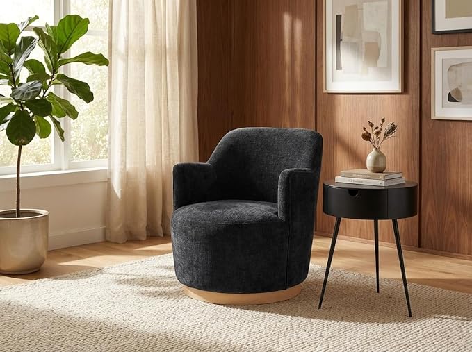 Meridian Furniture 449Black Clarita Collection Modern | Contemporary Swivel Accent Chair with Soft Black Chenille Fabric Natural Wood Finish Base 26.5 W x 30.5 D x 31 H Black