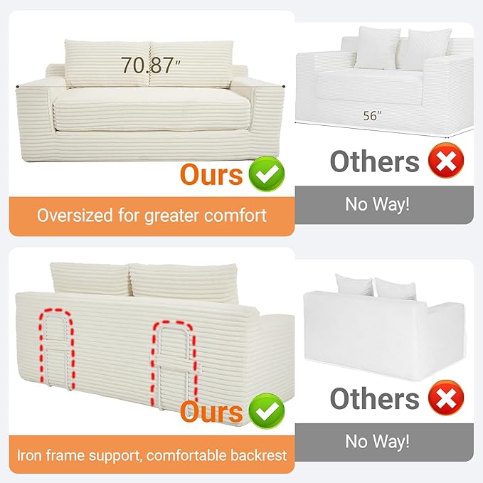 Boneless Couch 2 in 1 Convertible71 Corduroy Cloud Loveseat SofaMemory Foam Couch in a BoxNo Assembly Small Sofa for Living RoomApartments Home OfficeBedroom-Beige