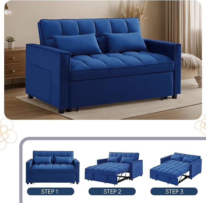 3 in 1 Convertible Sleeper Sofa Futon BedModern Velvet Pull Out Couch Bed with Reclining Backrest&amp2 Pillows54 Full Size Small Love Seat Lounge Couches for Small SpacesLiving Room (Dark Blue)