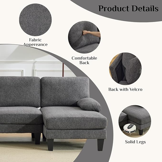 Karl home 110 U-Shape Sectional Couches for Living Room Chenille Upholstery 4 Seat Sofa Set with Double Chaises &amp Wood Grain Legs for Apartment Dark Grey