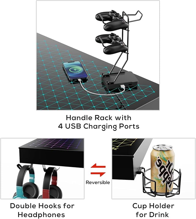 EUREKA ERGONOMIC RGB LED Gaming Desk Music Sync Lights Up Tempered Glass Desktop 43 GTG I43 Home Office Computer Table W Controller Rack 4 USB Charging Ports APP Control