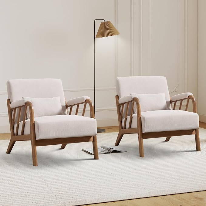 Mid Century Modern Accent Chair with Solid Wood Frame Upholstered Living Room Chairs with Lumbar Cushion Padded Arms Reading Armchair for Bedroom Set of 2 Beige