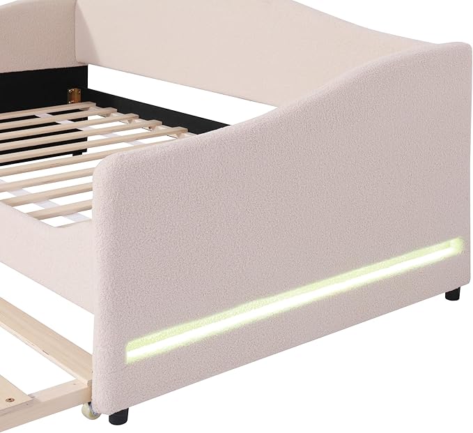 MERITLINE Twin Size Upholstered Daybed with Trundle and LED Light Teddy Fleece Sofa Bed Frame Wood Twin Trundle Bed for Bedroom Living Room Beige