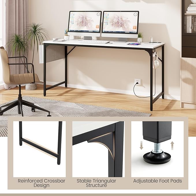COSTWAY Home Office Desk 32 Inch Computer Desk with Recessed Power Strip Storage Bag &amp Headphone Hook Wide Desktop Modern Computer Workstation Writing Table for Home Office (White + Black)