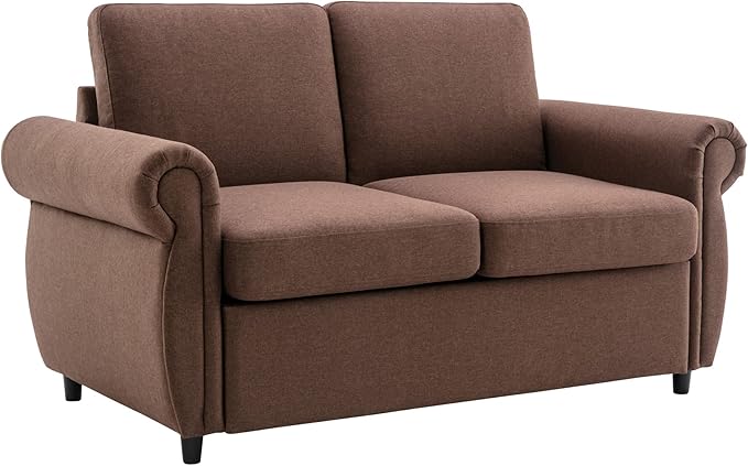 Pull Out Sofa Bed with Twin Size Memory Mattress 57.9 Linen Loveseat Sofa Sleeper Bed 2-in-1 Sleeper Sofa Bed Convertible Sofa for Living Room Small Spaces (Brown 072)