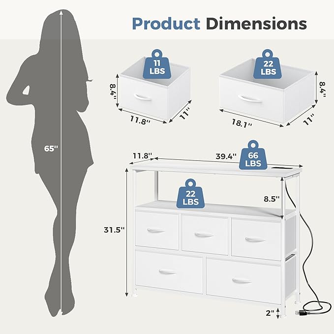 DUMOS TV Stand Dresser with 5 Fabric Storage Drawers Media Console Featuring Open Shelf Fabric Storage Cabinet with Charging Station Compact Entertainment Unit for Bedroom Living Room White
