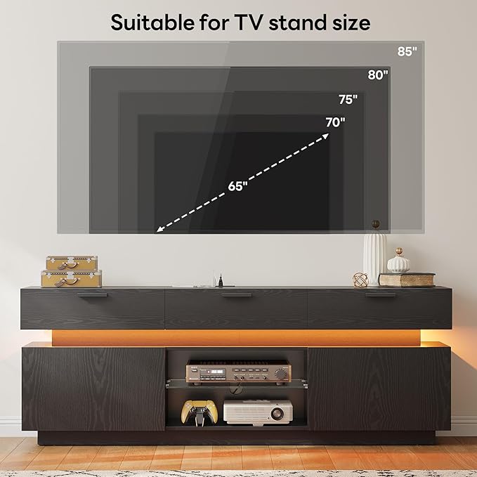 LIKIMIO Black TV Stand for TVs 85 inch Entertainment Center with Power Outlets &amp LED Lights TV Media Console Table with Cabinets Drawers and Open Storage Shelves Modern TV Stand for Living Roo