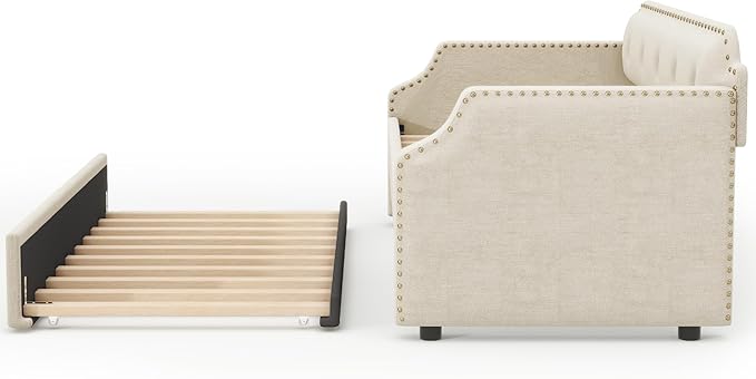 Flieks Twin Upholstered Daybed Linen Fabric Upholstered Tufted Sofa Bed with TrundleSofa Bed Trundle Daybed with Wood Frame(Beige)